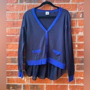 Cabi #5016 Womens Large Michelle Blue Colorblock Hi Lo  Sheer  Ruffle Cardigan